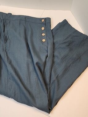 PURE JILL Linen 55% Wide Leg Button Up Front Pants Slate Blue SIDE POCKETS